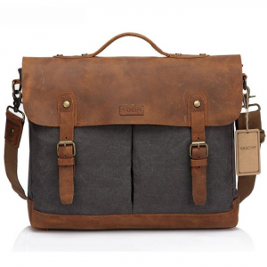 VASCHY Casual Men's Briefcase Business Messenger Bag Cowhide Leather Canvas Shoulder Bag 15.6 inch Laptop Handbag for Men