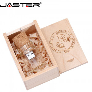 JASTER wood box + wishing bottle USB 2.0 flash drive 8GB 16GB 32GB 64GB glass memory stick drifting bottle U disk wedding gift