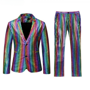 Rainbow Plaid Sequin Jacket Pants Suits Set for Men For Halloween Prom Party Costume