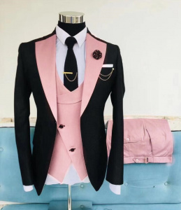 2020 Latest design Classic pink with black wedding suit for men suits slim fit groom best man party tuxedo 3 piece Blazer Jacket