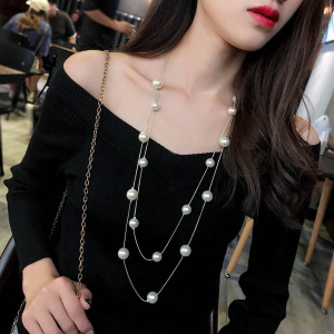 Long double layer Simulated Pearl Necklace Women Sweater Chain Necklace female Collares Statement Jewlery 2019