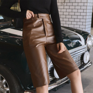 Plus Size British Style Autumn Winter Women's PU Leather Short High Waist Motor Five Point Trouser Casual Straight Overalls