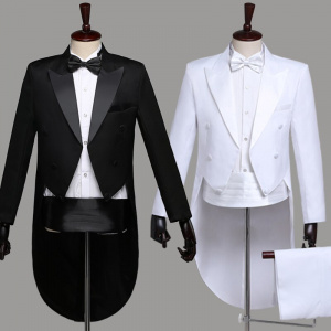 New Mens Tailcoat Suit Classic Black White Shiny Lapel Tail Coat Tuxedo Wedding Groom Stage Singer Costumes Four Piece Suit