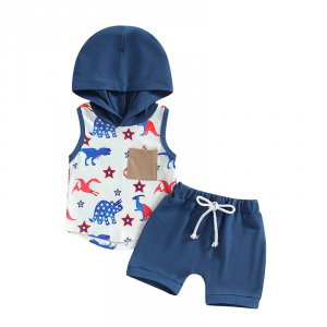 FOCUSNORM 0-3Y Infant Baby Boys 4th of July Clothes Sets 2pcs Sleeveless Dinosaur Print Pocket Hoodie Tops + Shorts Set