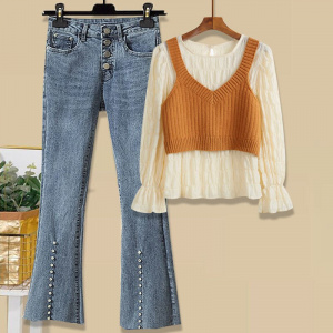 Knitted Suspender Vest Chiffon T-Shirt and Jeans Pants Three-piece Set for Women