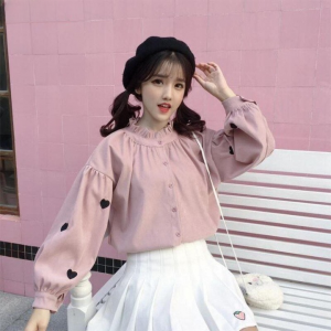 Neploe Love Heart Embroidery Blouse Women Korean Fungus Half Turtleneck Lantern Sleeve Shirts BFsingle Breasted Female Top 49907