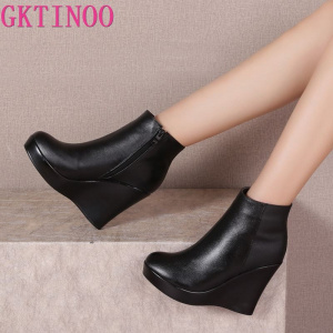 GKTINOO Genuine Leather Boots Shoes Women Ankle Boots Female Wedges Boots Women Boot Platform Shoes