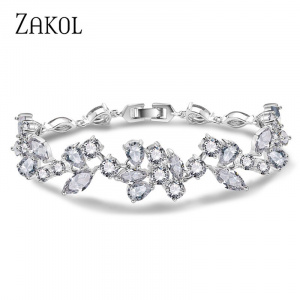 ZAKOL White Color Design Cubic Zirconia Flower Chain Bracelets Bangle For Women Fashion Leaf Wedding Jewelry FSBP014