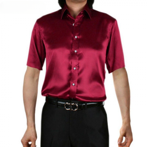 Chemise Homme Casual Short Sleeved Slim Fit Chinese Style Satin Shirt for Men