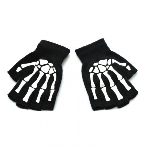 Unisex Adult Halloween Skeleton Skull Half Finger Gloves Glow in the Dark Fingerless Stretch Knitted Mittens