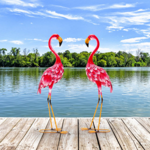 Metal Pink Flamingo Garden Statue Set of 2 Yard Decorations