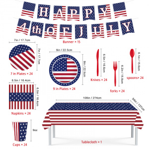4th July Tableware Set For Independence Day Party With American Flag Pattern Paper Plates Cups And Banner