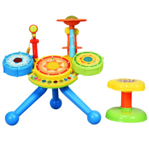 Kids Electric Drum Set with LED Light, Colorful Drum Set with Microphone and Stool