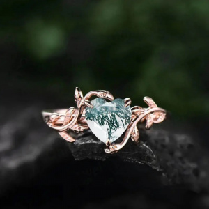 Twig Heart shaped moss agate engagement ring leaf rose gold silver unique vintage solitaire engagement ring promise wedding ring for women