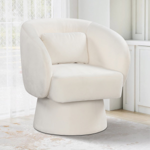 Ergonomic Swivel Accent Chair Upholstered Barrel Chair with Curved Back and Removable Lumbar Pillow Beige - Additional Image