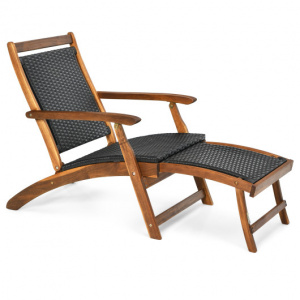 Patio Folding Rattan Lounge Chair Wooden Frame with Retractable Footrest