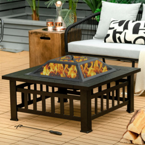 32 Inch 3 in 1 Outdoor Square Fire Pit Table with BBQ Grill and Rain Cover for Camping