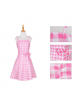 Pink Checkered Barbie Movie Style One Piece Plaid Sleeveless Midi Dress