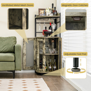 Industrial Corner Bar Cabinet with Glass Holder and Adjustable Shelf-Rustic Brown
