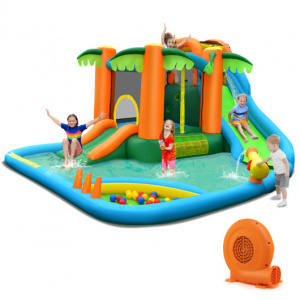 7-in-1 Inflatable Water Slide Park with Trampoline Climbing and 750W Blower