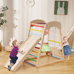 6-in-1 Wooden Indoor Jungle Gym with Adjustable Ramp and Monkey Bars for Kids, ASTM Certified