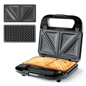 2-in-1 Sandwich & Waffle Maker, Removable Non-Stick Plates, Panini Press & Grilled Cheese, Cool-Touch Handle, LED Indicator, Easy Clean, 750W for Home Kitchen Breakfast