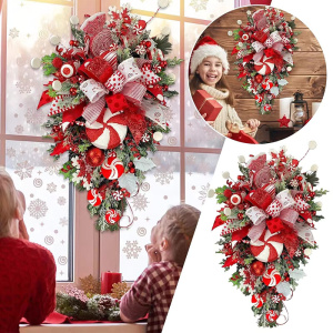 1 PCS Christmas Wreath Candy Upside Down Tree Garland Artificial Xmas Ornament Hpme Porch Window Door Wall Hanging Decoration