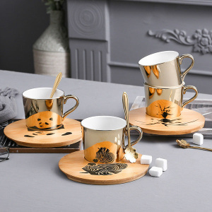 Cartoon Animal Ceramic Cup and Saucer Set with Glossy Finish on Premium Wooden Trays