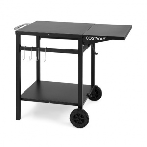 Black Rolling Outdoor Grill Cart with Folding Tabletop and Hooks