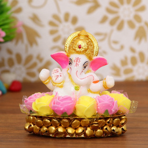 Lord Ganesha Idol on Decorative Handcrafted Plate with Pink and Yellow Flowers