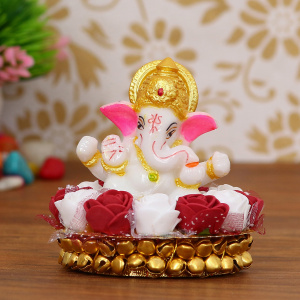 Lord Ganesha Idol on Decorative Handcrafted Plate with Red and White Flowers