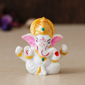 White Lord Ganesha Idol with Golden Mukut
