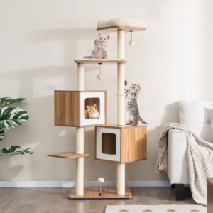 Modern Wooden Cat Tree with Perch Condos and Washable Cushions-Natural