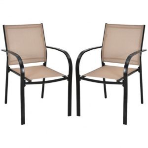 Set of 2 Patio Stackable Dining Chairs with Armrests Garden Deck-Brown