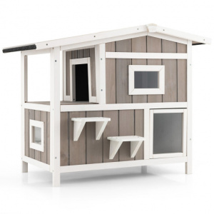 Outdoor 2-Story Wooden Feral Cat House with Escape Door-Gray