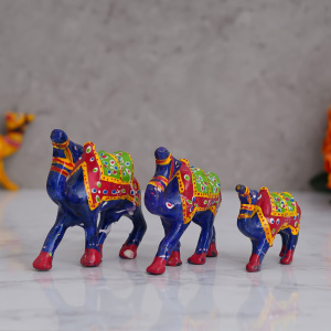 Papier Mache Handcrafted Set of 3 Multicolor Camel Statues Animal Figurines Decorative Showpieces-Blue