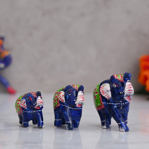 Set of 3 Multicolor Elephant Statues Animal Figurines Decorative Showpieces-Blue