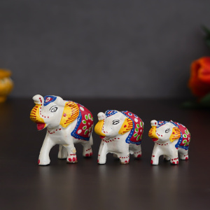 Handcrafted Set of 3 Multicolor Elephant Statues Animal Figurines Decorative Showpieces-White