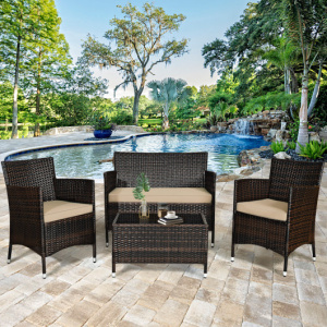 4 Pieces Rattan Patio Conversation Sets with Chairs and Glass Table
