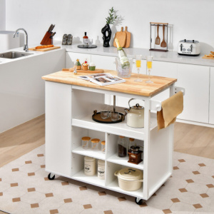 White Kitchen Islands and Carts on Wheels with Open Shelves and Drawer
