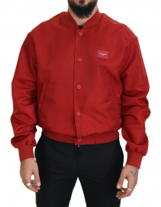 Red Nylon Logo Plaque Bomber Button Jacket