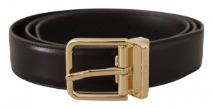 Dark Brown Leather Gold Tone Logo Metal Buckle Belt