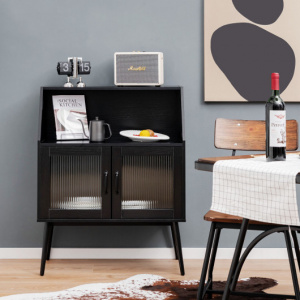 Kitchen Sideboard Buffet with Open Cubby and 2 Glass Doors-Black