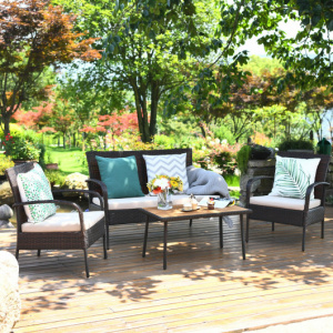 4 Pieces Patio Cushioned Wicker Conversation Set with Acacia Wood Tabletop