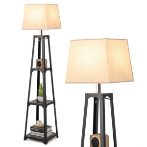 Shelf Floor Lamp with Storage Shelves and Linen Lampshade-1