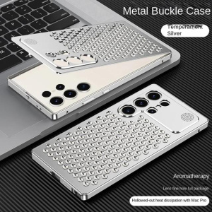 Premium Metal Hollow Heat Dissipation Holder Back Cover for Samsung Galaxy S24 Ultra - Shockproof Phone Case with Spring Buckle