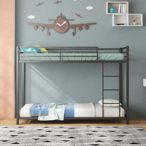 Low Profile Twin Over Twin Metal Bunk Bed with Full-length Guardrails-Black