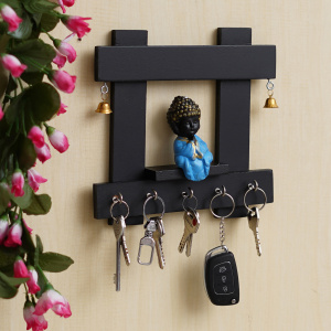 Peaceful Buddha Sitting Wooden Keyholder with 5 Key Knobs